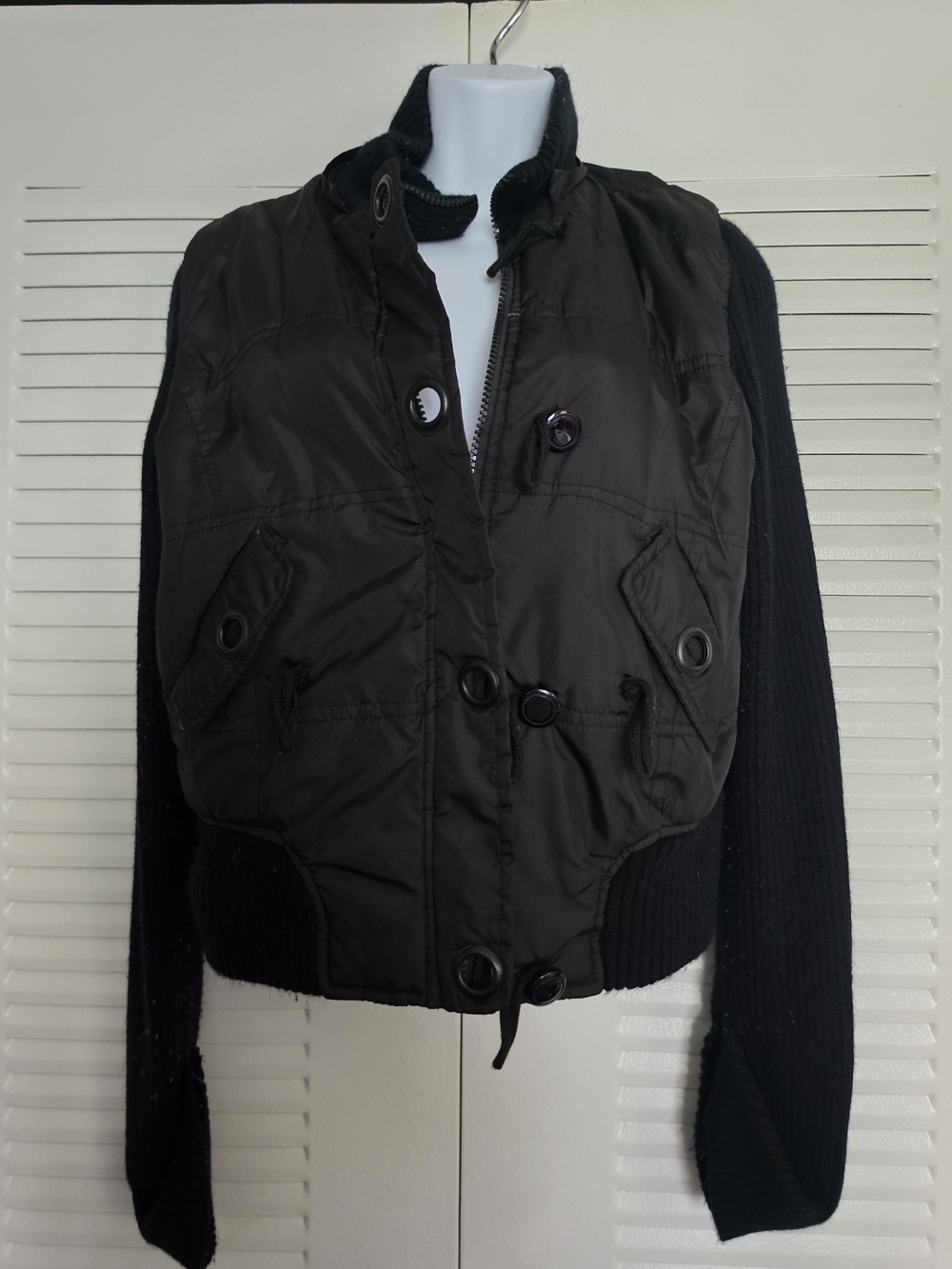 Jou Jou Black Quilted Front Bomber Jacket with Knit Sleeves